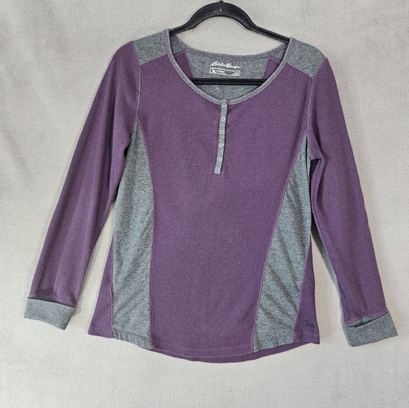 Eddie Bauer Tops - Eddie Bauer Womens L Henley Thermal Waffle Knit Purple Gray Long Sleeve Outdoor